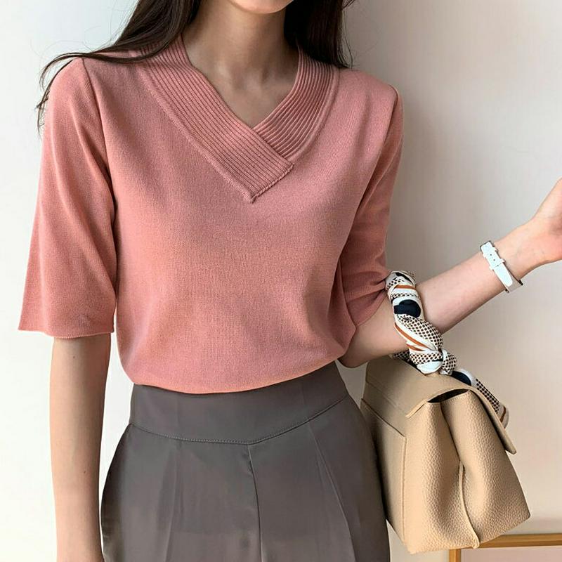 【只今10％OFF】リブVネック半袖ニット・全5色・b61598 レディース【tops】【トップス ニット ニットトップス 半袖