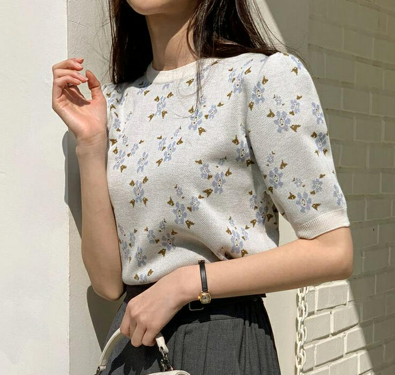【只今10％OFF】フラワーパターンニット・全2色・t58553 レディース 【tops】【トップス ニット 半袖 ラウンドネッ