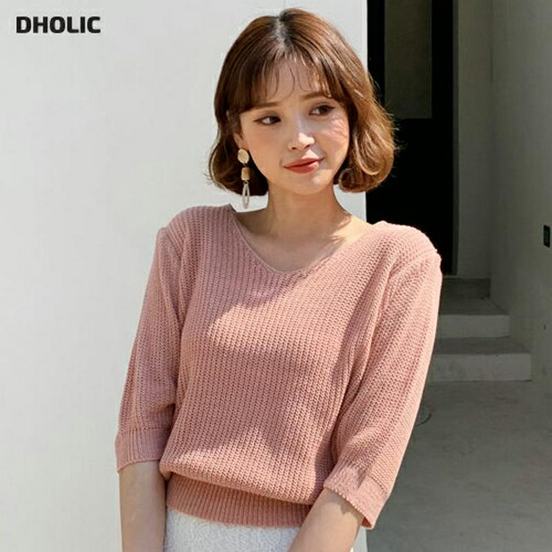 ≪人気商品再入荷≫Vネックハーフスリーブニット・全6色・b58551 レディース 【tops】【韓国 ファッション トップス ニット Vネック 半袖 5分丈 無地 カジュアル 薄手 パステル きれいめ 大人 夏 秋 春】