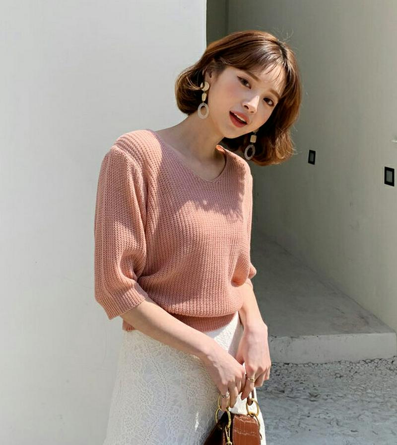 ≪人気商品再入荷≫Vネックハーフスリーブニット・全6色・b58551 レディース 【tops】【韓国 ファッション トップス ニット Vネック 半袖 5分丈 無地 カジュアル 薄手 パステル きれいめ 大人 夏 秋 春】