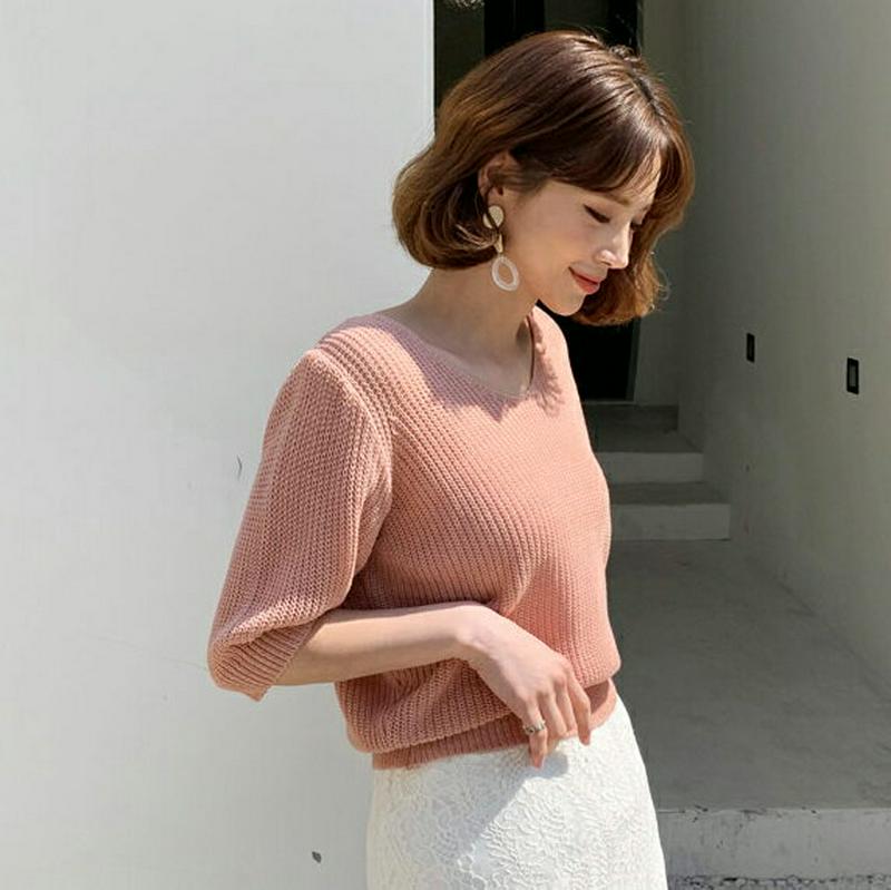 ≪人気商品再入荷≫Vネックハーフスリーブニット・全6色・b58551 レディース 【tops】【韓国 ファッション トップス ニット Vネック 半袖 5分丈 無地 カジュアル 薄手 パステル きれいめ 大人 夏 秋 春】