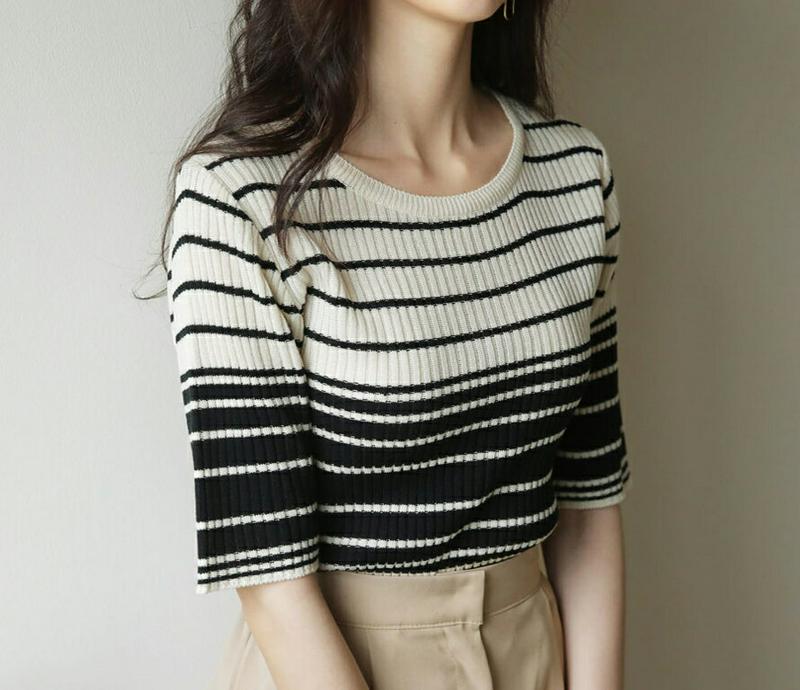 【只今10%OFF】即日配送 配色ボーダーリブニット・全4色・b58276 レディース 【tops】 トップス ニット 半袖 スリム ボーダー 配色 リブニット リブ カジュアル 大人 夏 秋 春【ニットセール】