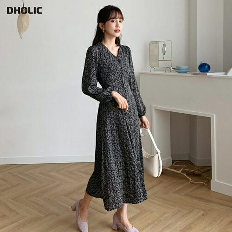 ボタン小花柄ワンピース・全2色・t58611 レディース 【ops】【ワンピース ロング丈 ロング 長袖 Vネック 花柄 ボタン