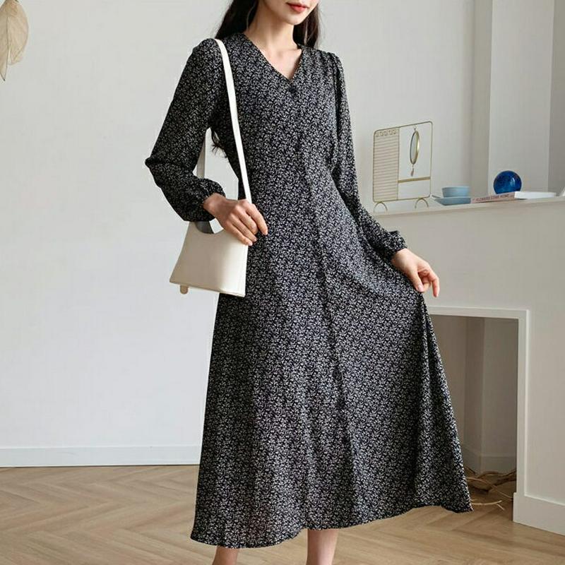 ボタン小花柄ワンピース・全2色・t58611 レディース 【ops】【ワンピース ロング丈 ロング 長袖 Vネック 花柄 ボタン