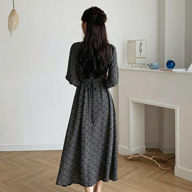 ボタン小花柄ワンピース・全2色・t58611 レディース 【ops】【ワンピース ロング丈 ロング 長袖 Vネック 花柄 ボタン