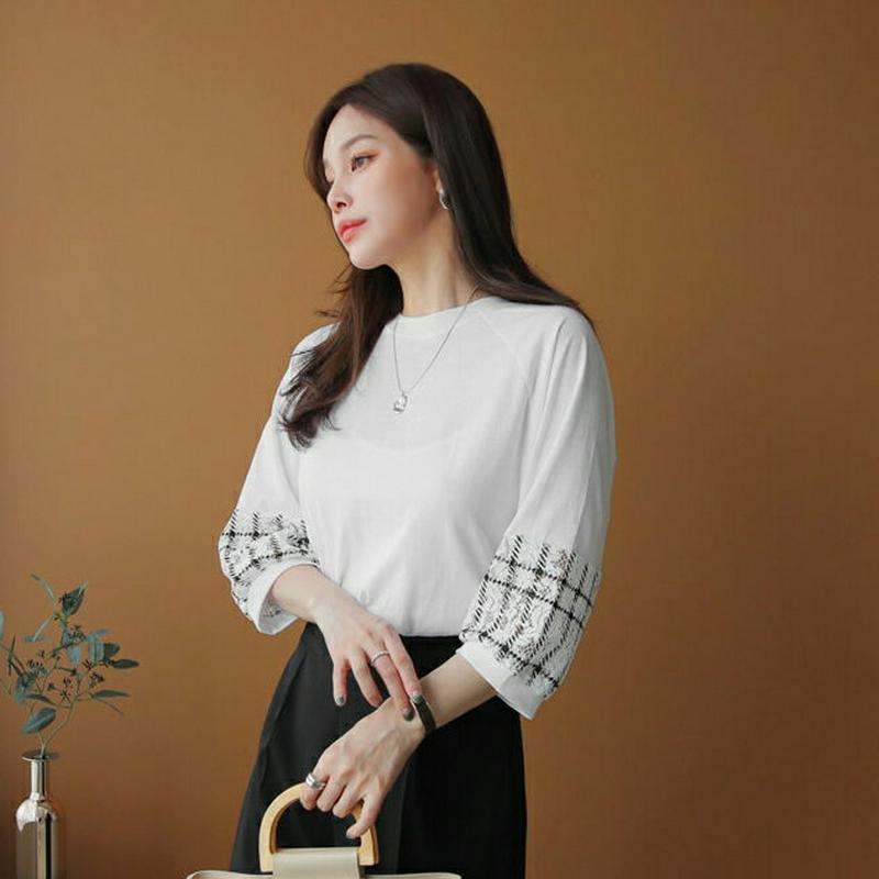 レースコントラストTシャツ・全2色・b61366 レディース【tops】【トップス Tシャツ コントラスト レース 袖コンシャス
