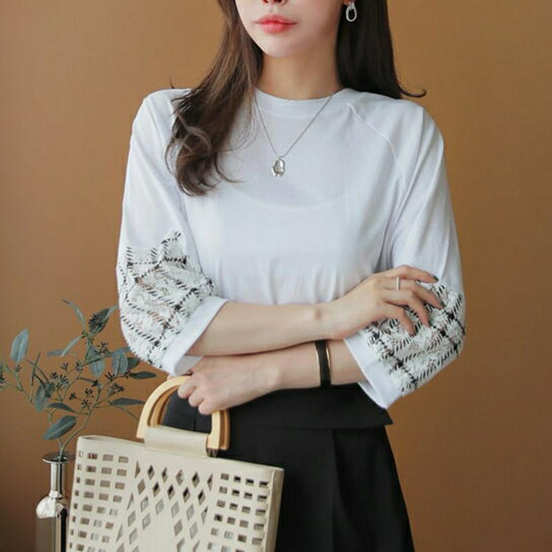 レースコントラストTシャツ・全2色・b61366 レディース【tops】【トップス Tシャツ コントラスト レース 袖コンシャス