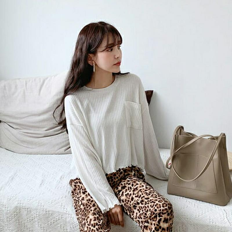 ポケットリブTシャツ・全4色・t58599 レディース 【tops】【トップス Tシャツ リブ 長袖 ドロップショルダー ウェー