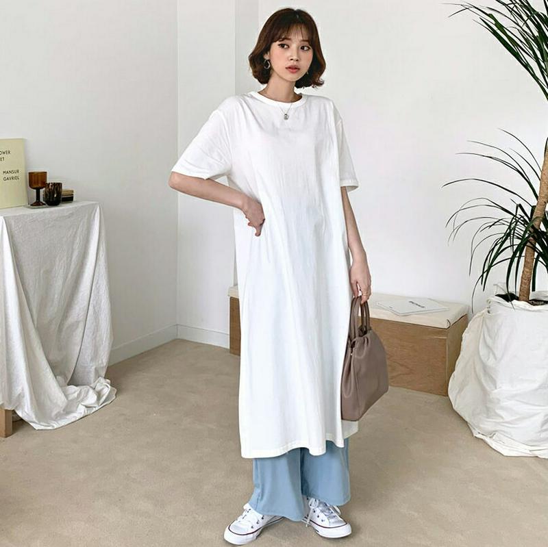 ≪人気商品再入荷≫バックスリットロングTシャツ・全3色・t58612 レディース 【tops】 韓国ファッション トップス Tシャツ ロング ワンピース スリット バックスリット 体型カバー 半袖 無地 ゆったり 大きい カジュアル 夏 秋 春