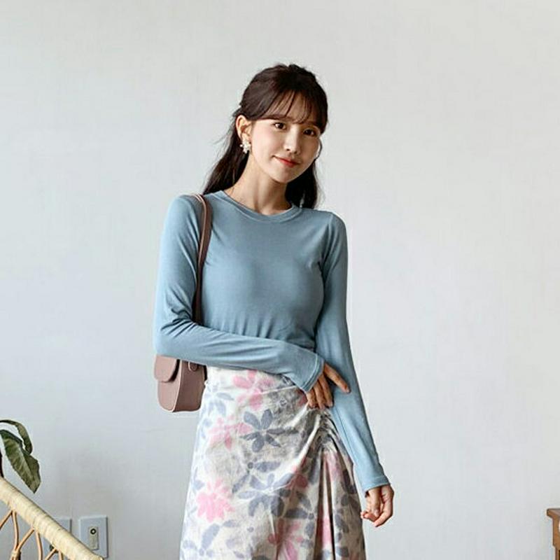 ラウンドネックスリムTシャツ・全6色・58598 レディース 【tops】【トップス Tシャツ 長袖 スリム 無地 ラウンドネッ