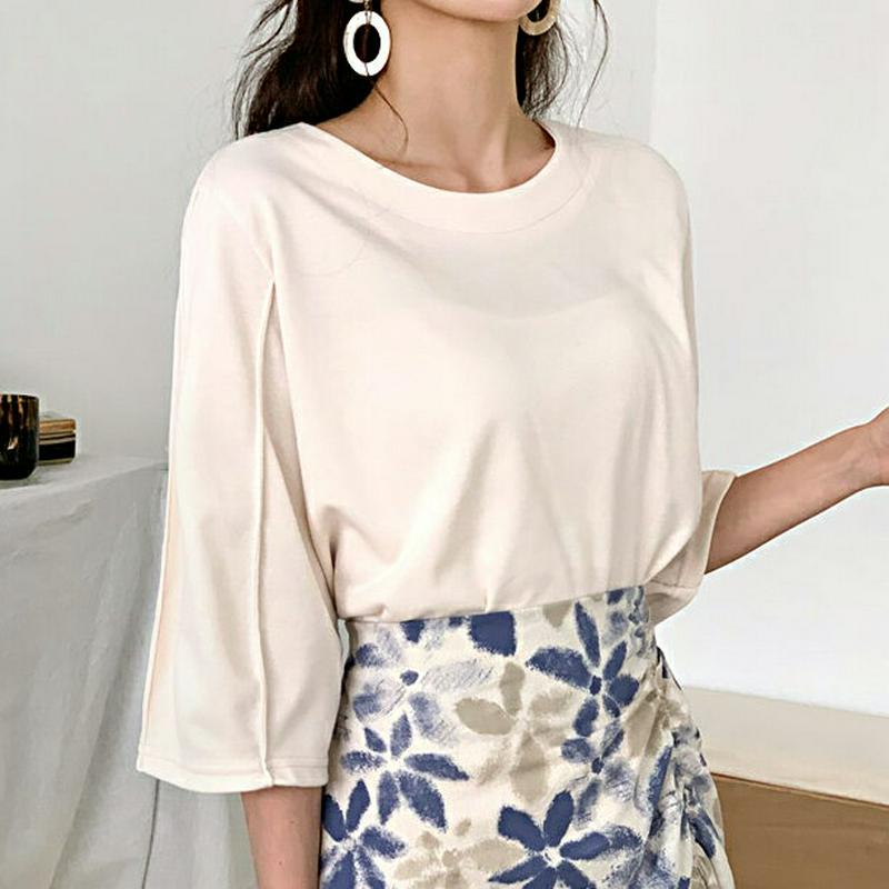 タックパフTシャツ・全3色・b58595 レディース 【tops】【トップス Tシャツ タック パフスリーブ 半袖 7分丈 ラウ
