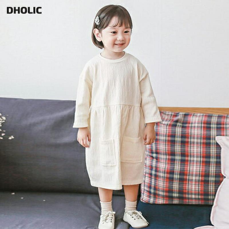 アウトポケットリンクルワンピース・p000021 キッズ【3~8才】【ops】【ワンピース 長袖 ラウンドネック リンクル 綿 コットン ベビー 子供服 キッズ ジュニア 子供 こども 女の子 かわいい】【KIDS】