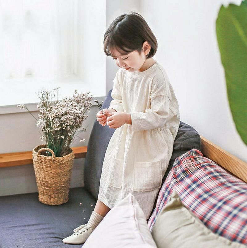 アウトポケットリンクルワンピース・p000021 キッズ【3~8才】【ops】【ワンピース 長袖 ラウンドネック リンクル 綿 コットン ベビー 子供服 キッズ ジュニア 子供 こども 女の子 かわいい】【KIDS】