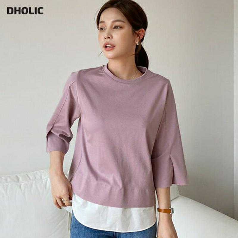 配色ヘムTシャツ・全5色・b61576 レディース【tops】【トップス Tシャツ 七分丈 七分袖 7分丈 7分袖 単色 無地 