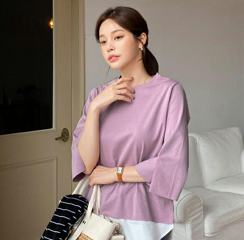 配色ヘムTシャツ・全5色・b61576 レディース【tops】【トップス Tシャツ 七分丈 七分袖 7分丈 7分袖 単色 無地 
