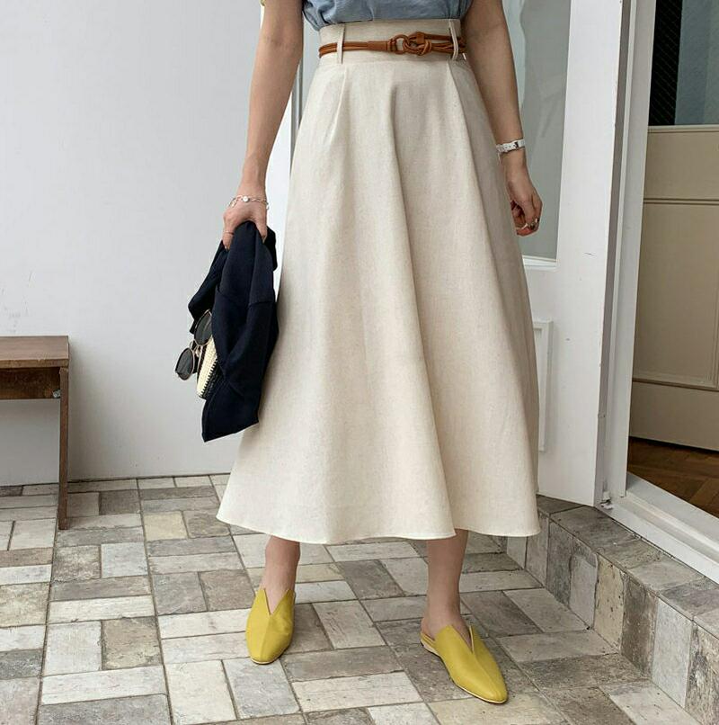 リボン付リネン混スカート・全4色・t61590 レディース【sk】【スカート ロング ロングスカート リネン 単色 無地 シンプ