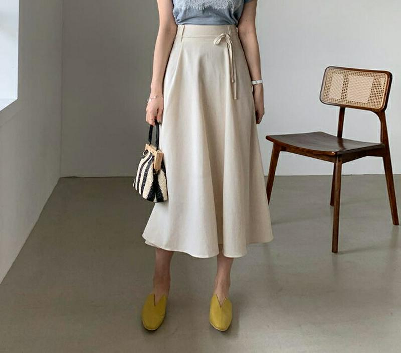 リボン付リネン混スカート・全4色・t61590 レディース【sk】【スカート ロング ロングスカート リネン 単色 無地 シンプ