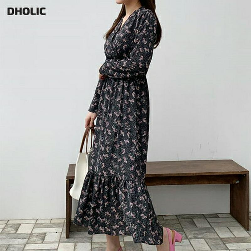 Vネック花柄ワンピース・全2色・t61584 レディース【ops】【ワンピース ロング ロングワンピース 長袖 Vネック 花柄 