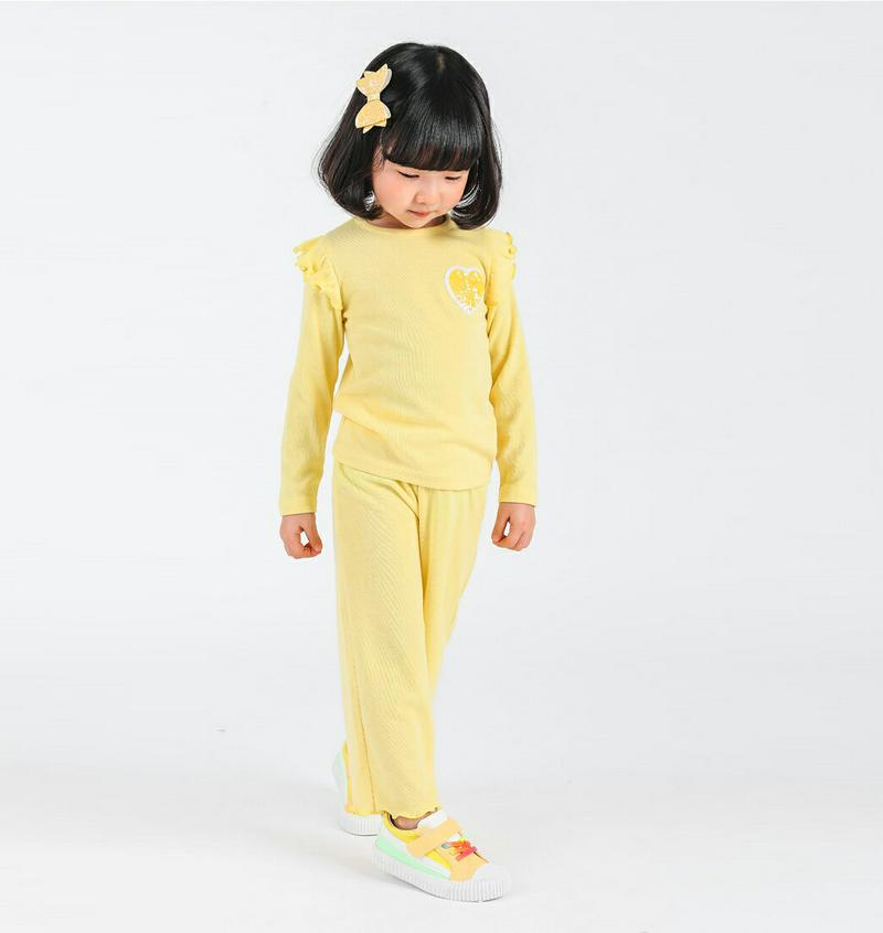 ハートスパンコールTシャツ&パンツSET・p000658 キッズ【3~8才】【set】【セットアップ トップス Tシャツ 長袖 フリル スパンコール ハート ロングパンツ ズボン 長ズボン パンツ 単色 カジュアル 女の子 子供 こども 子供服 こども服】【KIDS】