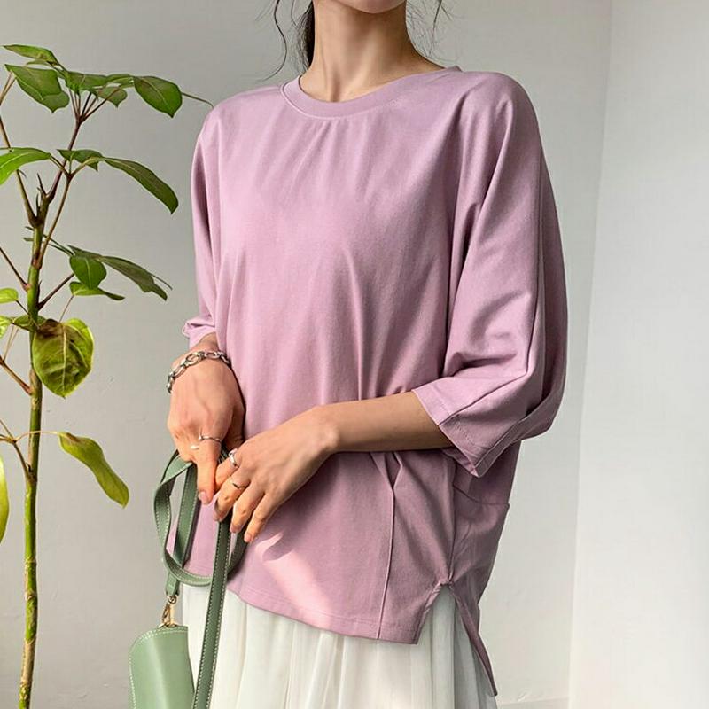 タックヘムTシャツ・全5色・b55701 レディース 【tops】【トップス 7分丈 半袖 ラウンドネック Tシャツ 無地 カジ
