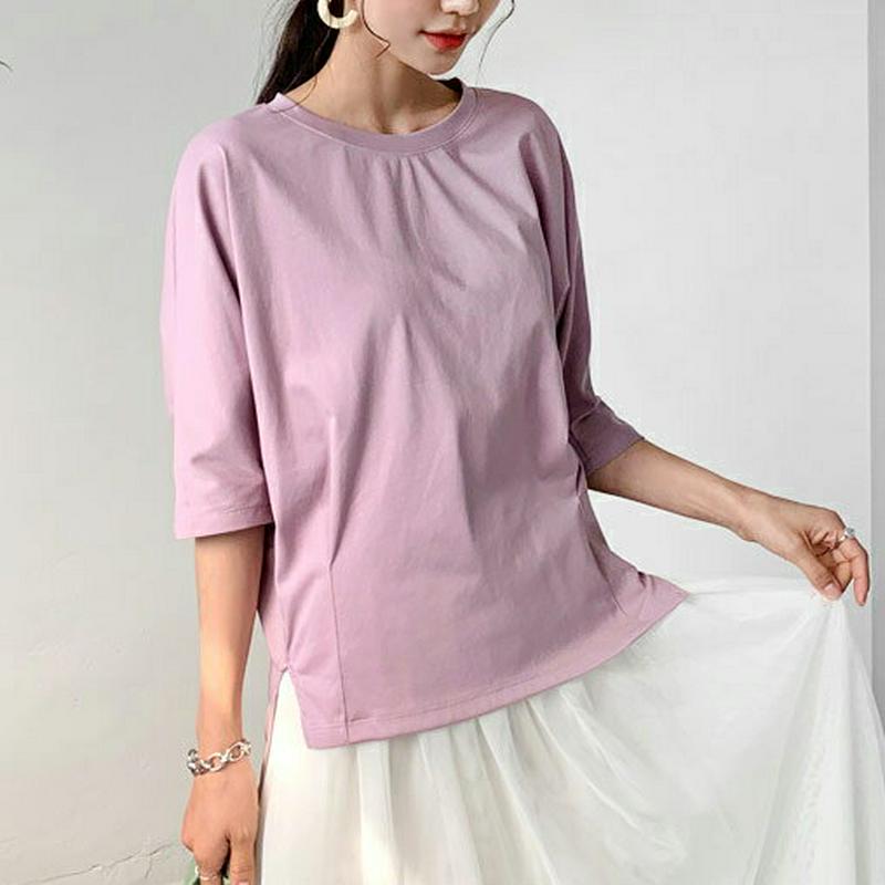 タックヘムTシャツ・全5色・b55701 レディース 【tops】【トップス 7分丈 半袖 ラウンドネック Tシャツ 無地 カジ