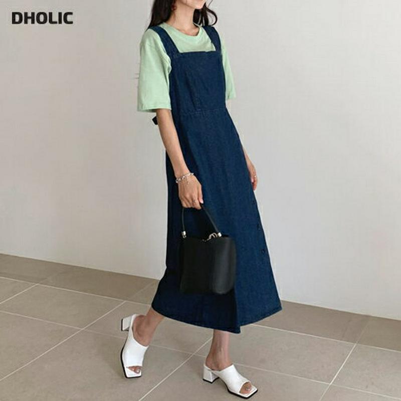 サイドボタンデニムワンピース・全1色・t55714 レディース 【ops】【ワンピース ロング丈 ロング デニム ボタン スクエアネック ジーンズ Aライン 無地 カジュアル 夏 秋 春】