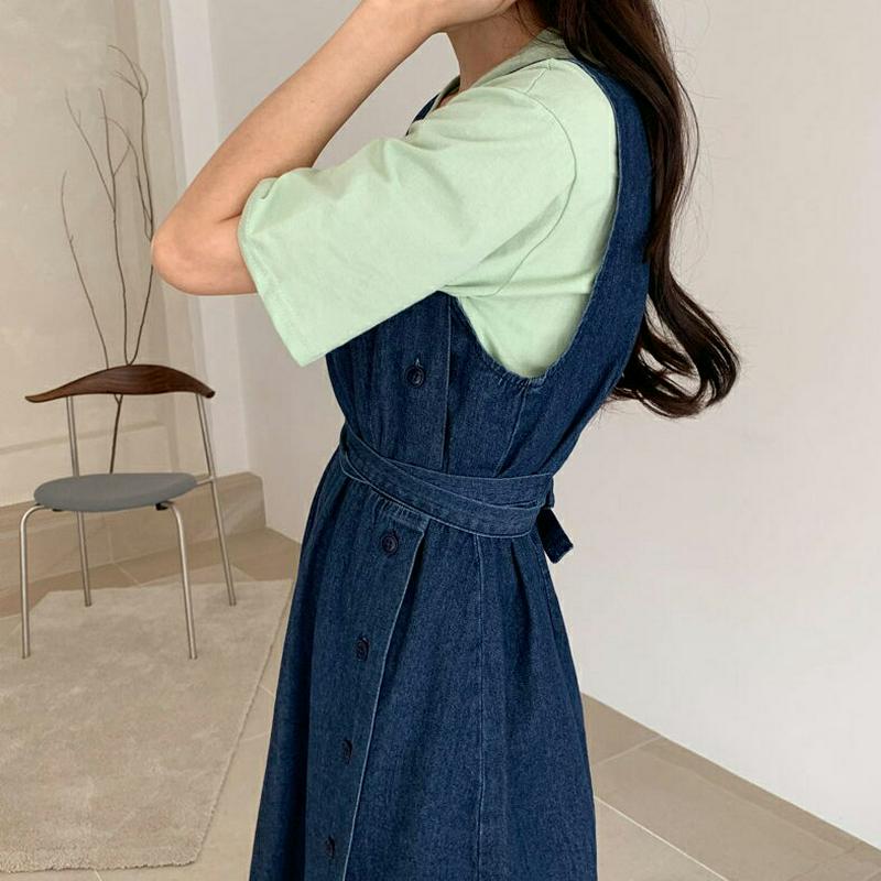 サイドボタンデニムワンピース・全1色・t55714 レディース 【ops】【ワンピース ロング丈 ロング デニム ボタン スクエアネック ジーンズ Aライン 無地 カジュアル 夏 秋 春】
