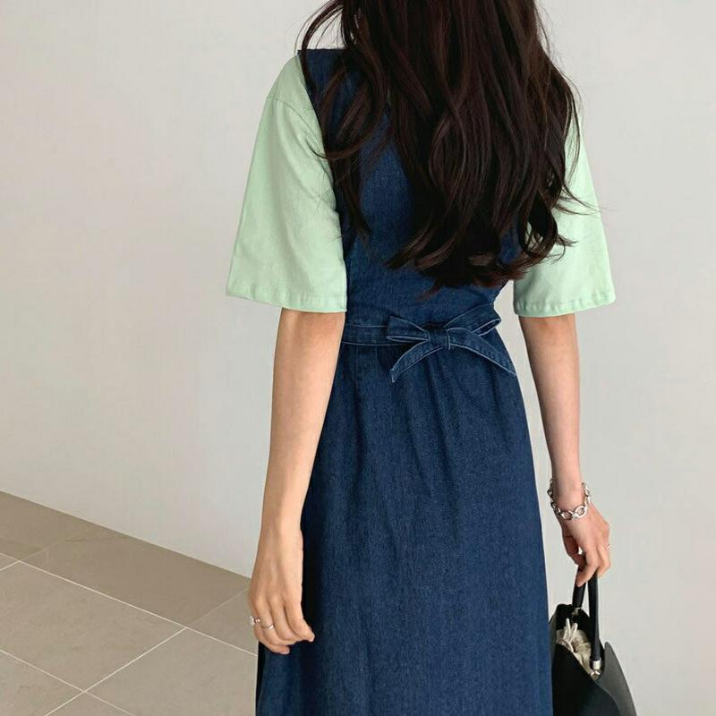 サイドボタンデニムワンピース・全1色・t55714 レディース 【ops】【ワンピース ロング丈 ロング デニム ボタン スクエアネック ジーンズ Aライン 無地 カジュアル 夏 秋 春】