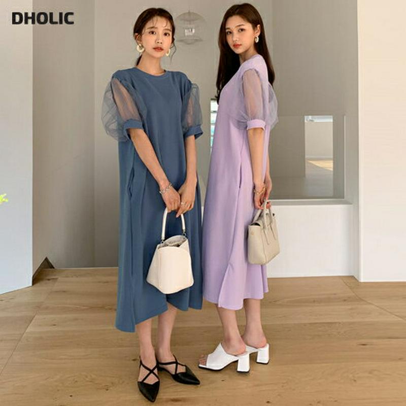 シアーパフワンピース・全3色・b55723 レディース 【ops】【ワンピース ロング丈 ロング 半袖 シースルー パフスリーブ