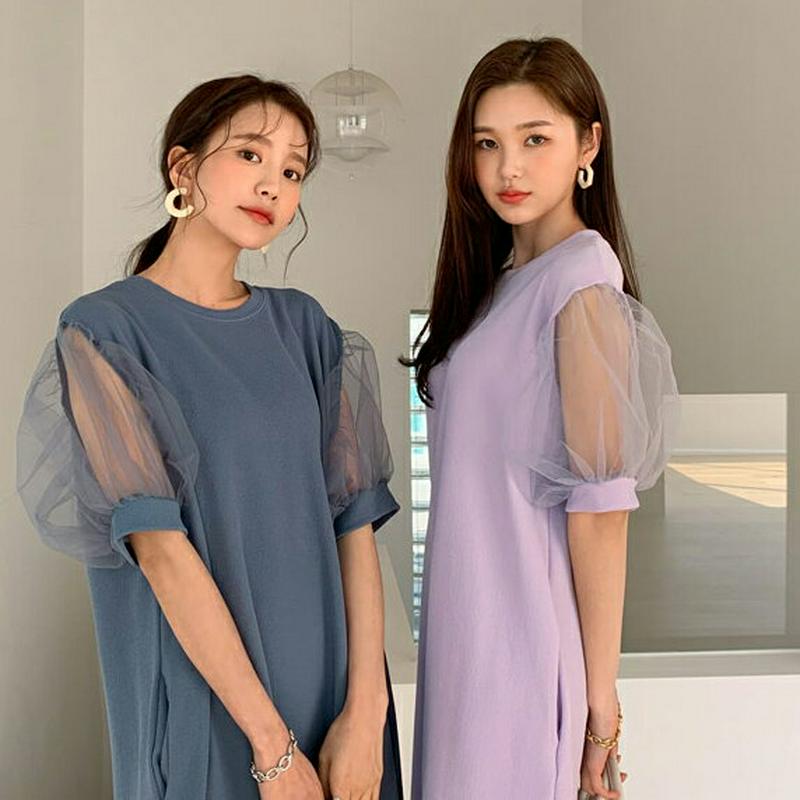 シアーパフワンピース・全3色・b55723 レディース 【ops】【ワンピース ロング丈 ロング 半袖 シースルー パフスリーブ