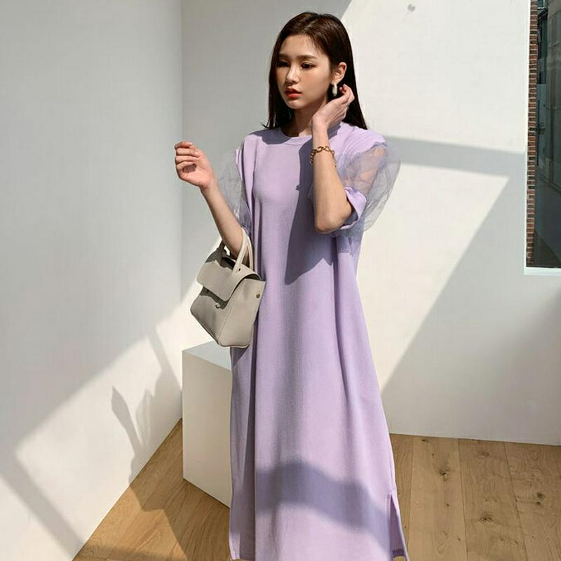 シアーパフワンピース・全3色・b55723 レディース 【ops】【ワンピース ロング丈 ロング 半袖 シースルー パフスリーブ