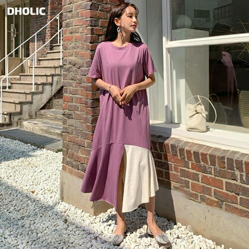 配色ラッフルヘムワンピース・全3色・b55722 レディース 【ops】【ワンピース ロング丈 ロング 半袖 ラウンドネック フ