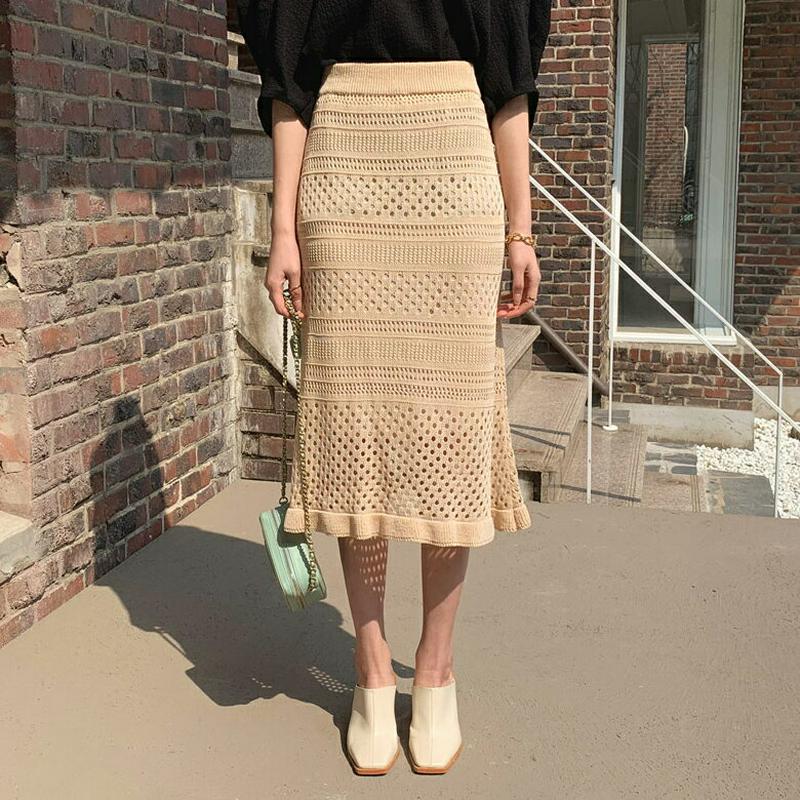 パンチングニットスカート・全2色・b55713 レディース 【sk】【スカート ロング ロング丈 ミディ丈 レース シースルー 