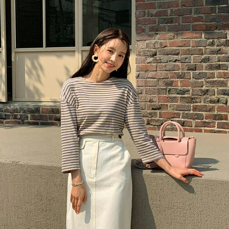 ラウンドボーダーTシャツ・全4色・b55706 レディース 【tops】【トップス Tシャツ ボーダー 長袖 7分丈 ドロップシ