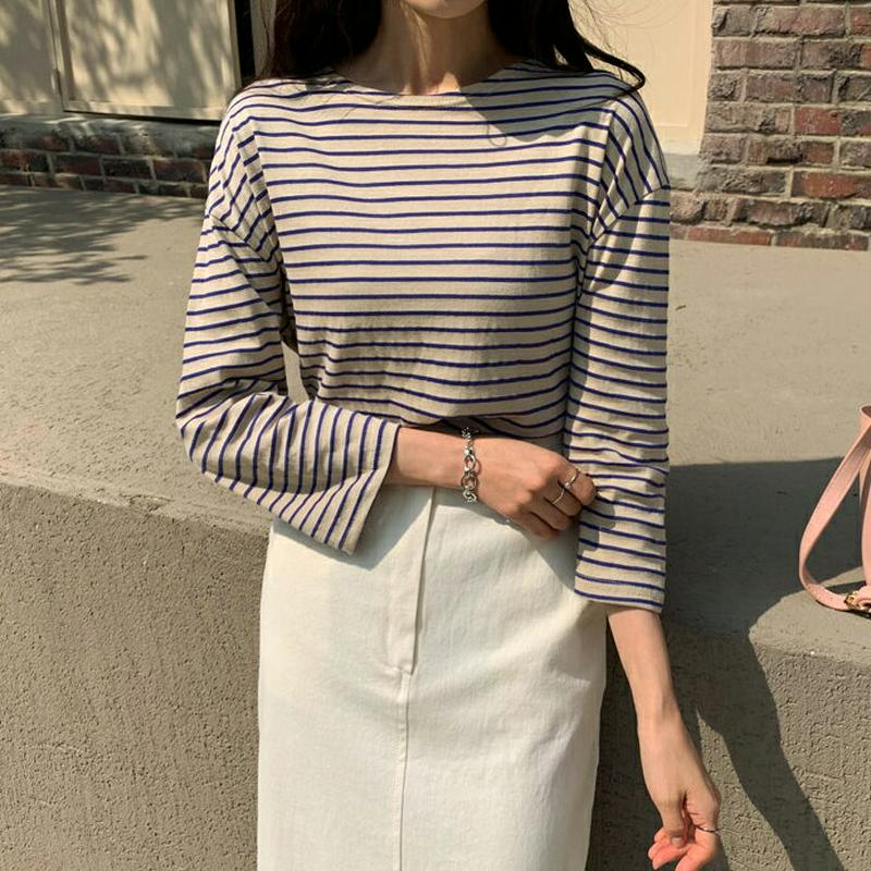 ラウンドボーダーTシャツ・全4色・b55706 レディース 【tops】【トップス Tシャツ ボーダー 長袖 7分丈 ドロップシ