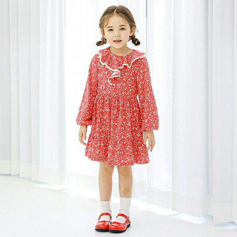 ラッフルカラーパターンワンピース・p000608 キッズ【3~8才】【ops】【ワンピース ミディ丈 ミディワンピース 長袖 総