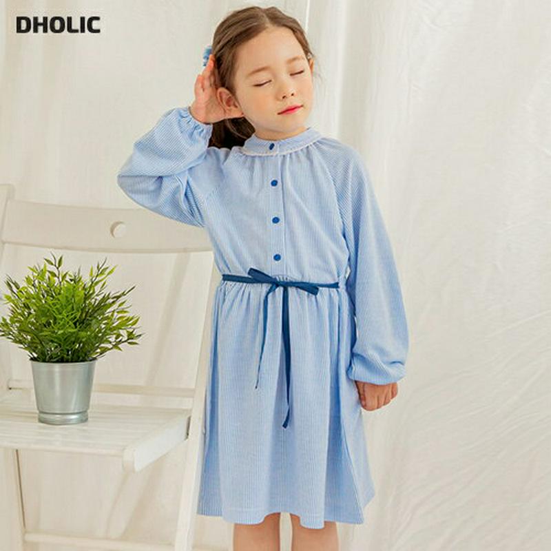 腰リボンストライプワンピース・p000604 キッズ【3~8才】【ops】【ワンピース ミディ丈 ミディワンピース 長袖 ストラ