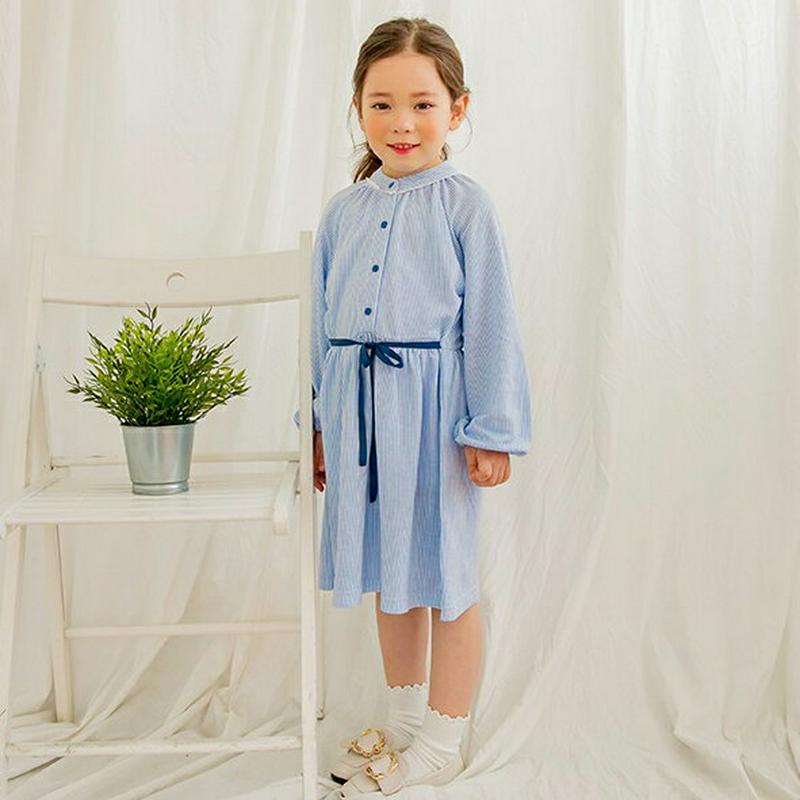 腰リボンストライプワンピース・p000604 キッズ【3~8才】【ops】【ワンピース ミディ丈 ミディワンピース 長袖 ストラ