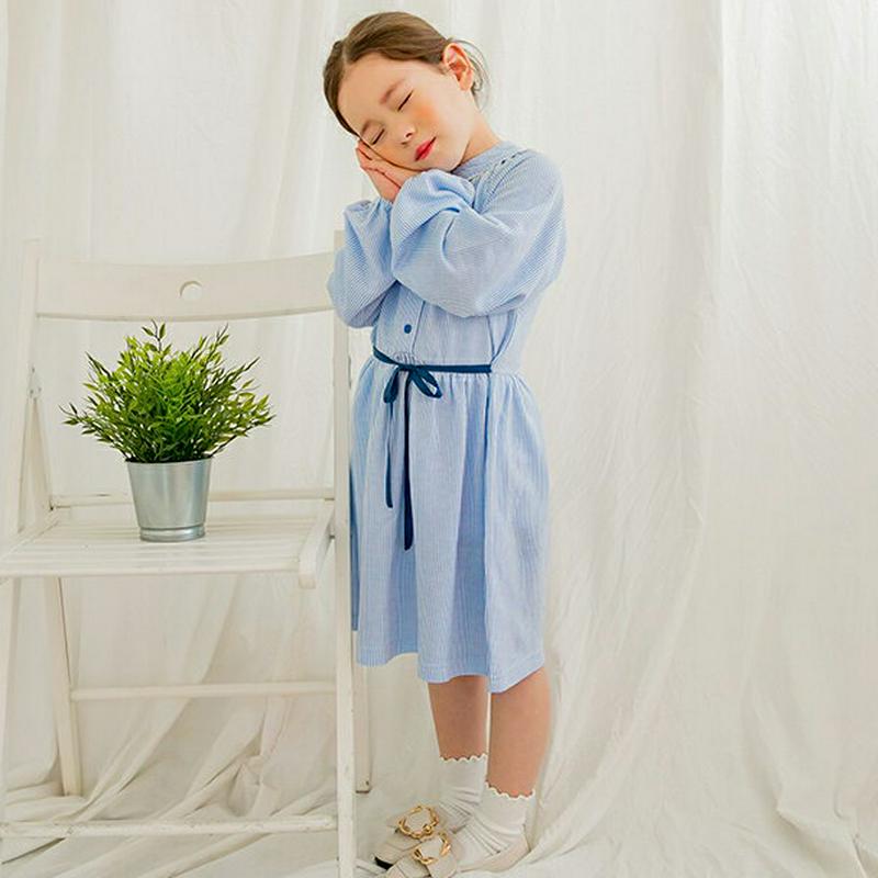 腰リボンストライプワンピース・p000604 キッズ【3~8才】【ops】【ワンピース ミディ丈 ミディワンピース 長袖 ストラ