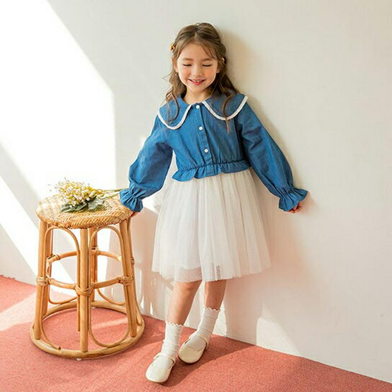 ラウンドカラーブラウス切替ワンピース・p000586 キッズ【3~8才】【ops】【ワンピース ミディ丈 ミディワンピース 長袖