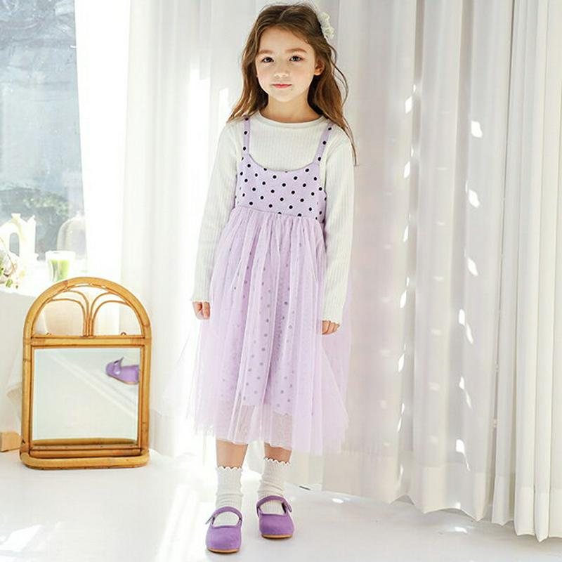 ドット柄チュールキャミワンピース・p000607 キッズ【3~8才】【ops】【ワンピース ロング ロングワンピース ドット 柄