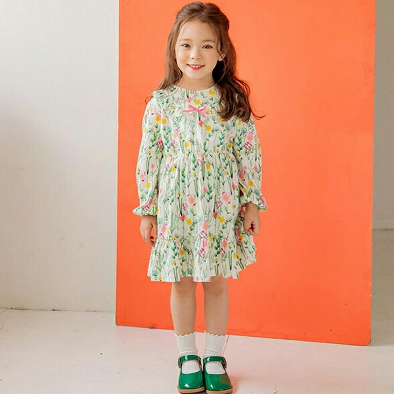 リボンフリルカラー花柄ワンピース・p000599 キッズ【3~8才】【ops】【ワンピース ミディ丈 ミディワンピース ひざ丈 