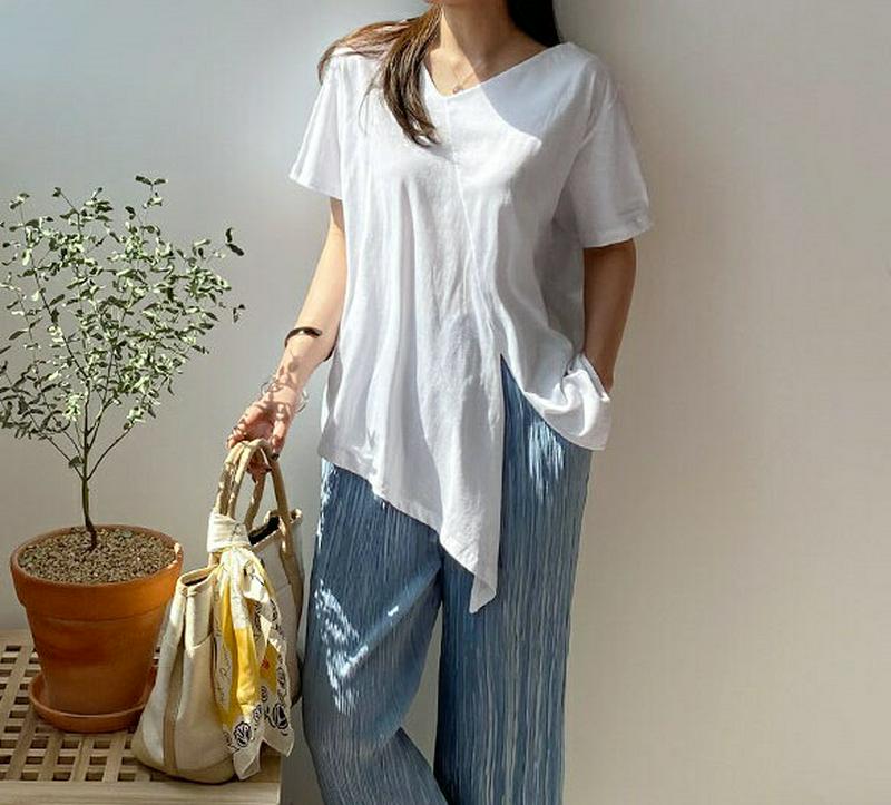 アンバランススリットTシャツ・全3色・t61585 レディース【tops】【トップス　Tシャツ 半袖 アンバランス スリット 深