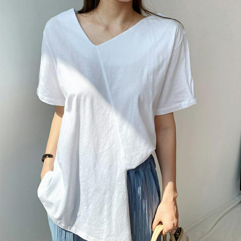 アンバランススリットTシャツ・全3色・t61585 レディース【tops】【トップス　Tシャツ 半袖 アンバランス スリット 深