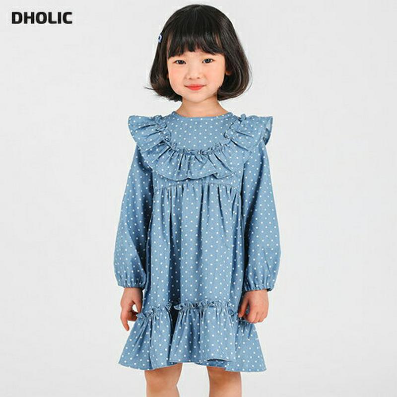 フリルドットパターンワンピース・p000616 キッズ【3~8才】【ops】【ワンピース ミディ丈 ミディワンピース フリル ドット 柄 長袖 可愛い かわいい 女の子 子供 こども 子供服 こども服】【KIDS】