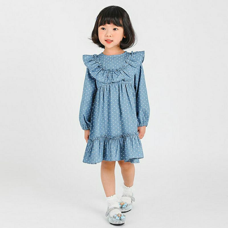 フリルドットパターンワンピース・p000616 キッズ【3~8才】【ops】【ワンピース ミディ丈 ミディワンピース フリル ドット 柄 長袖 可愛い かわいい 女の子 子供 こども 子供服 こども服】【KIDS】