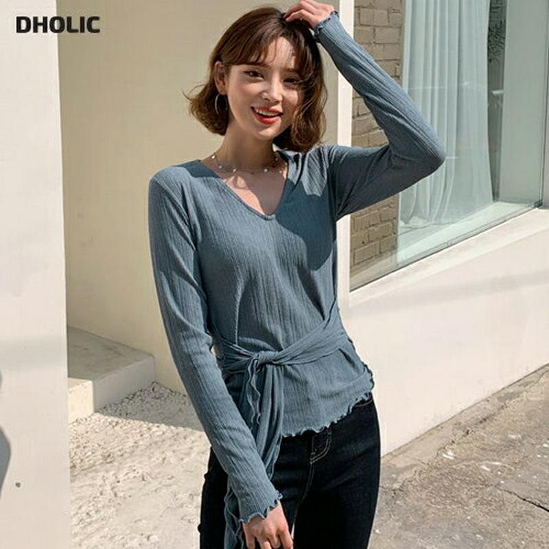 VネックウエストタイTシャツ・全2色・b58555 レディース 【tops】【トップス Tシャツ 長袖 Vネック リブ ウェーブ