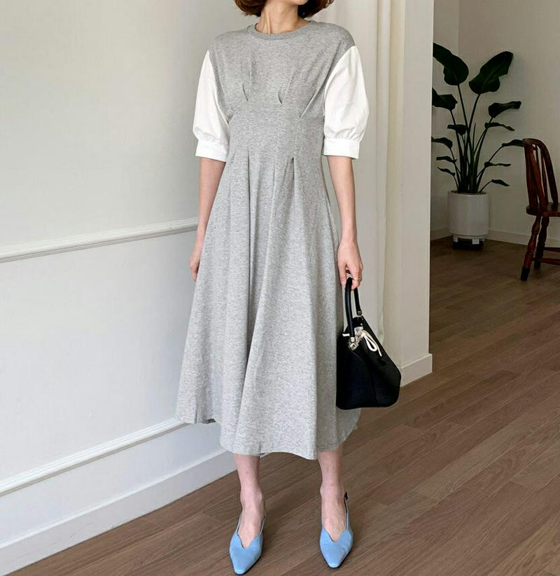 コントラストパフワンピース・全4色・t58570 レディース 【ops】【ワンピース ロング丈 ロング 半袖 コントラスト パフ