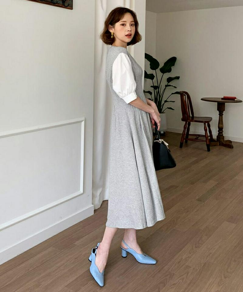 コントラストパフワンピース・全4色・t58570 レディース 【ops】【ワンピース ロング丈 ロング 半袖 コントラスト パフ