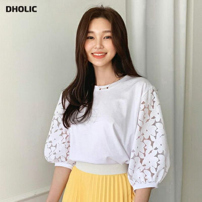 パフレーススリーブTシャツ・全4色・b58547 レディース 【tops】【トップス Tシャツ 7分丈 パフスリーブ レース シ